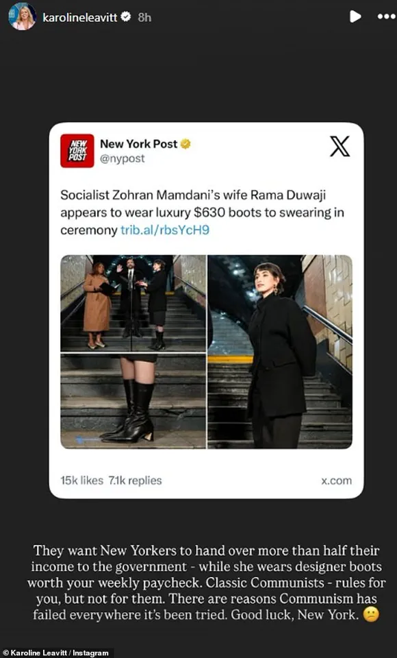 White House Press Secretary Criticizes Rama Duwaji for Wearing $630 Miista Boots at Zohran Mamdani's Swearing-In Ceremony, Citing Class Division Concerns