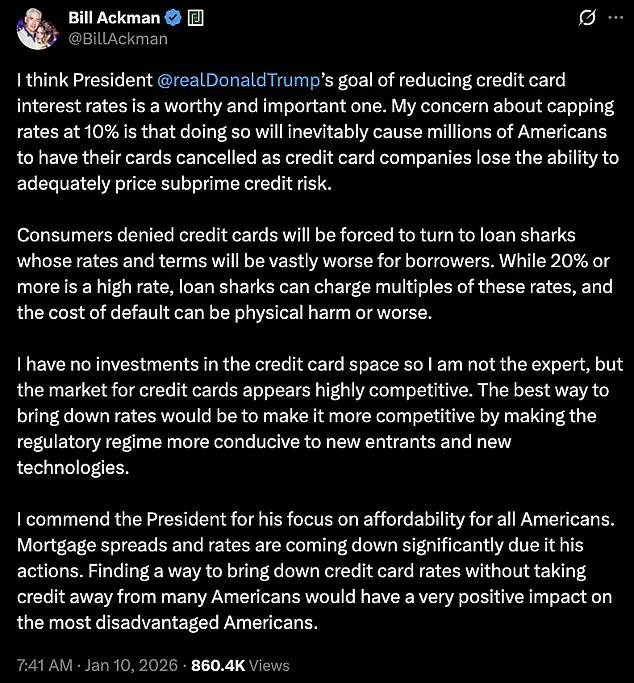 Bill Ackman Opposes Trump's Credit Card Interest Rate Cap, Warns of Backfire