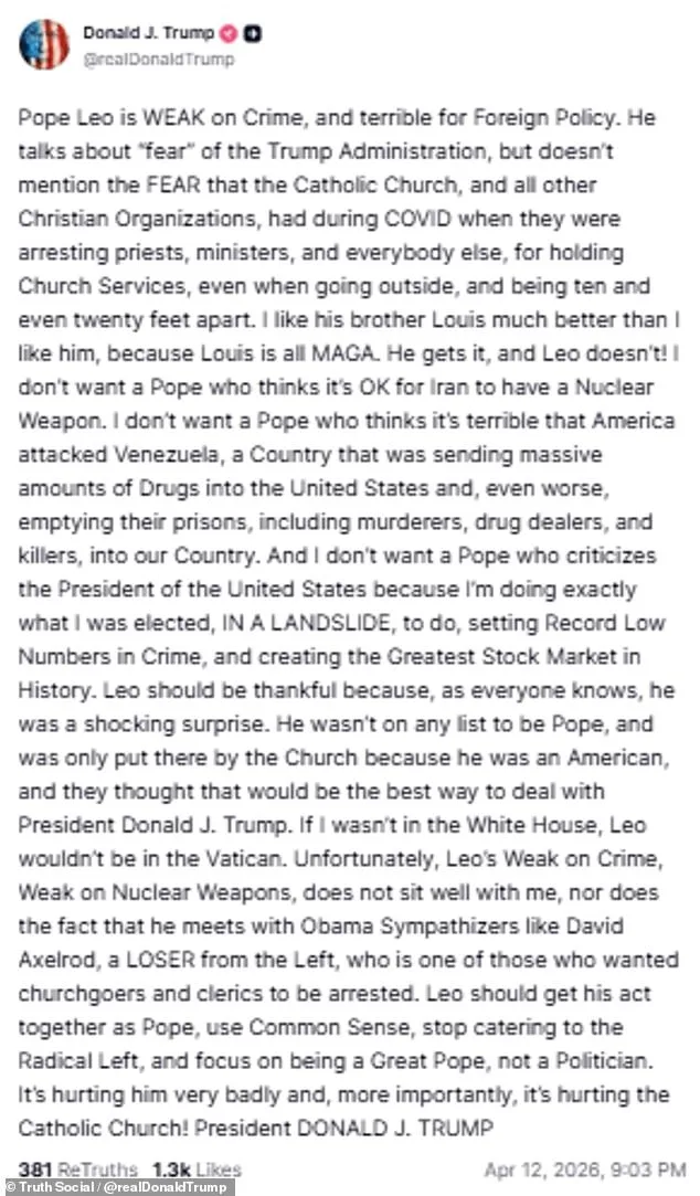 Trump Condemns Pope Leo, Accuses Him of Hypocrisy and Incompetence, Claims His Election Was Due to His Policies
